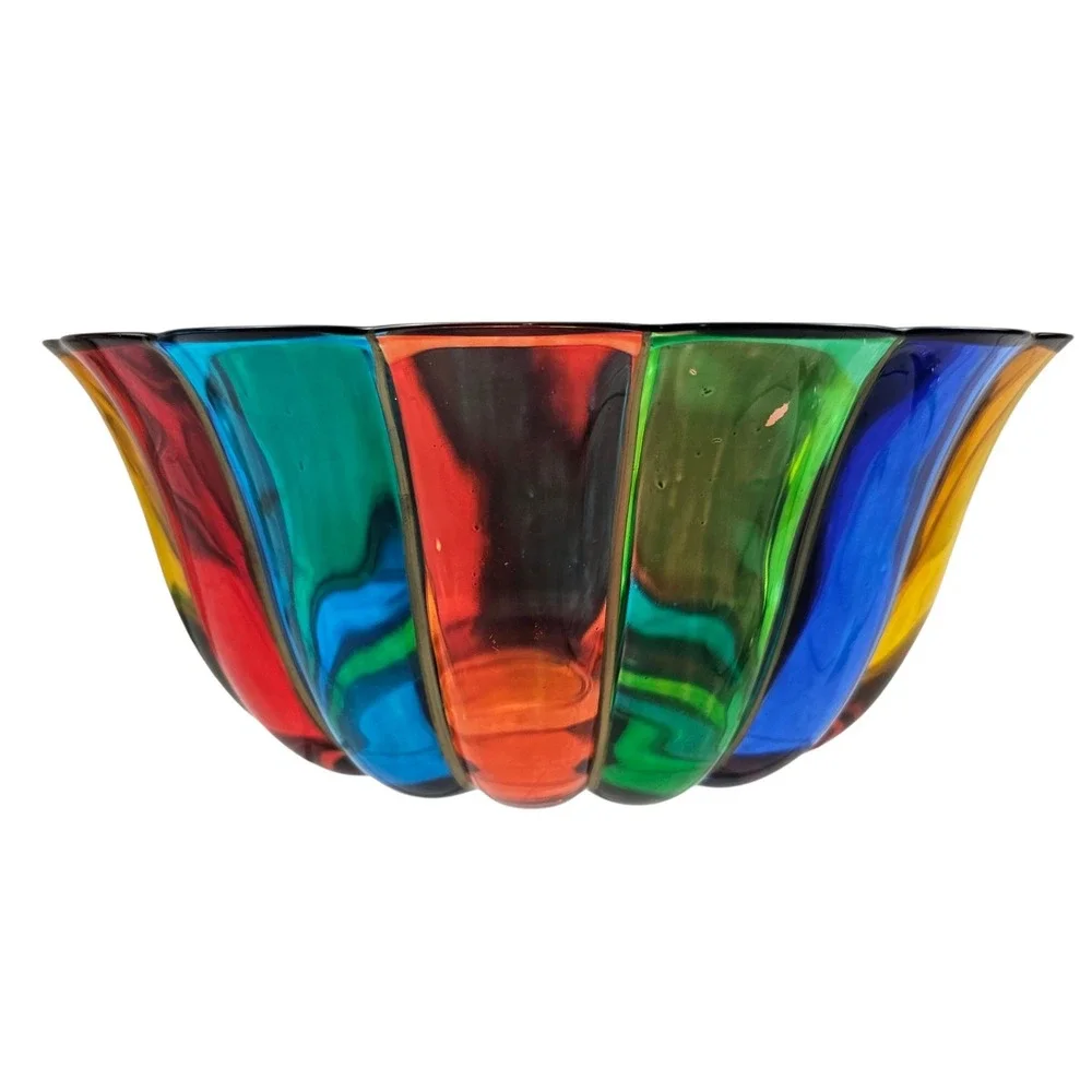 DueZeta Murano Art Glass Rainbow Scalloped Bowl Hand Decorated Italy 9.5